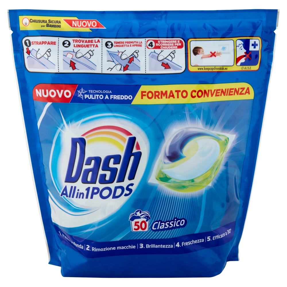 Dash PODS Allin1 Detersivo Lavatrice in Capsule per Bucato Classico 50 Lavaggi 1260 g
